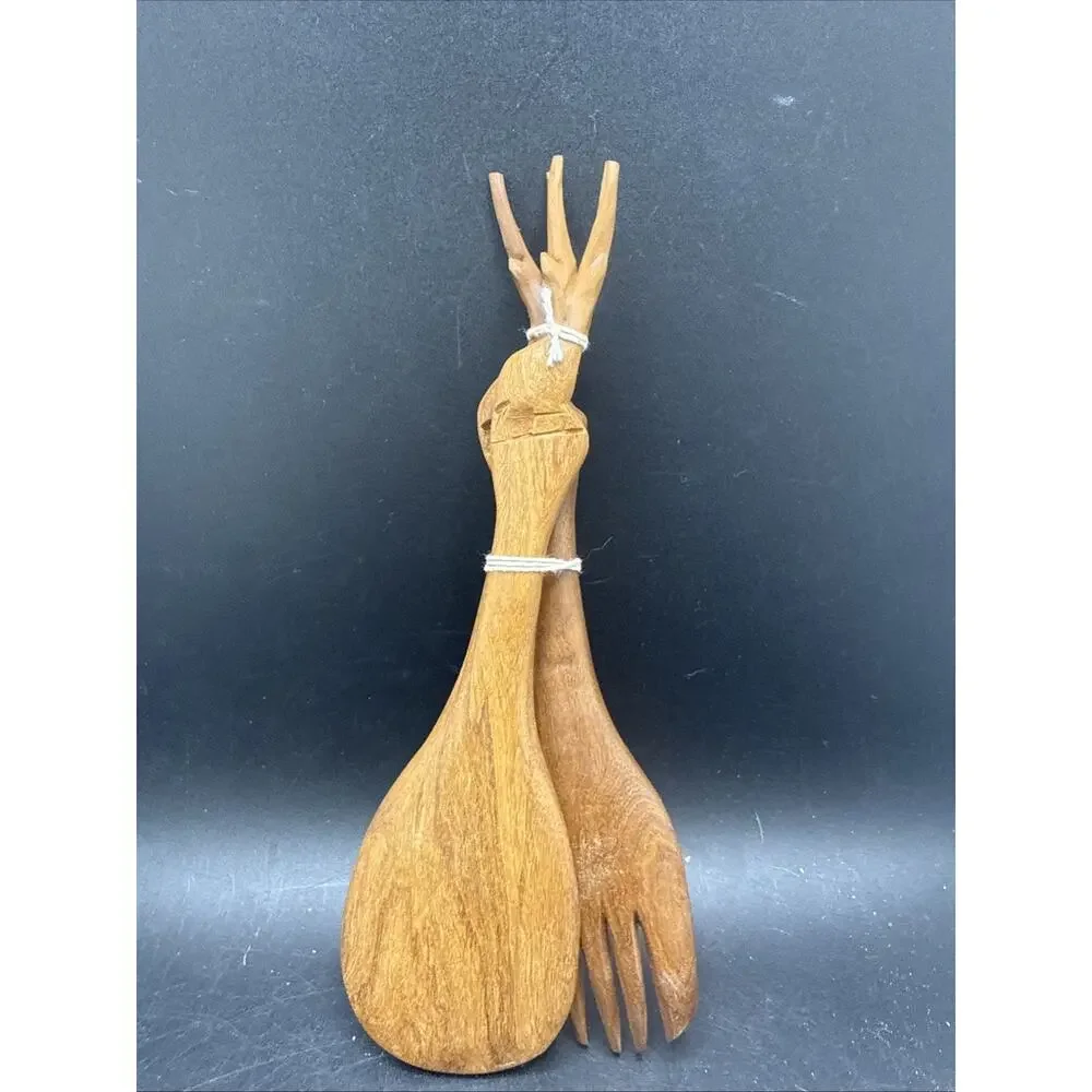 African-handmade-handcarved-animal-gazelle-salad server set-wood-fork and spoon